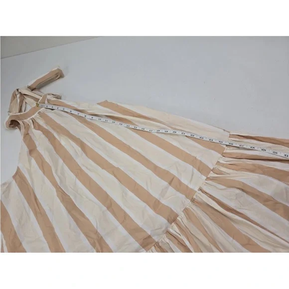 STAUD Marlowe Striped Dress Halter Tie Neck Midi Dress Tan White Size L Womens - Picture 10 of 10
